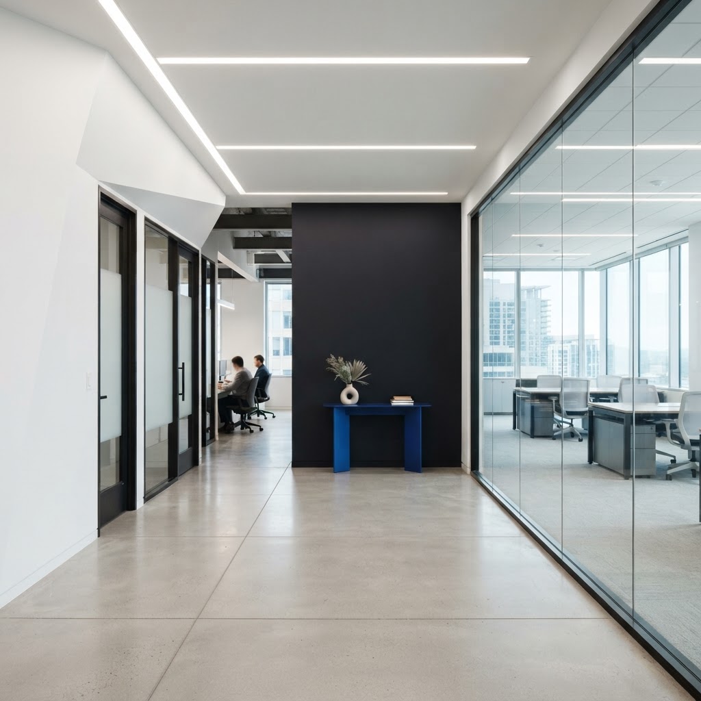 Modern minimalist office hallway with blue accent furniture