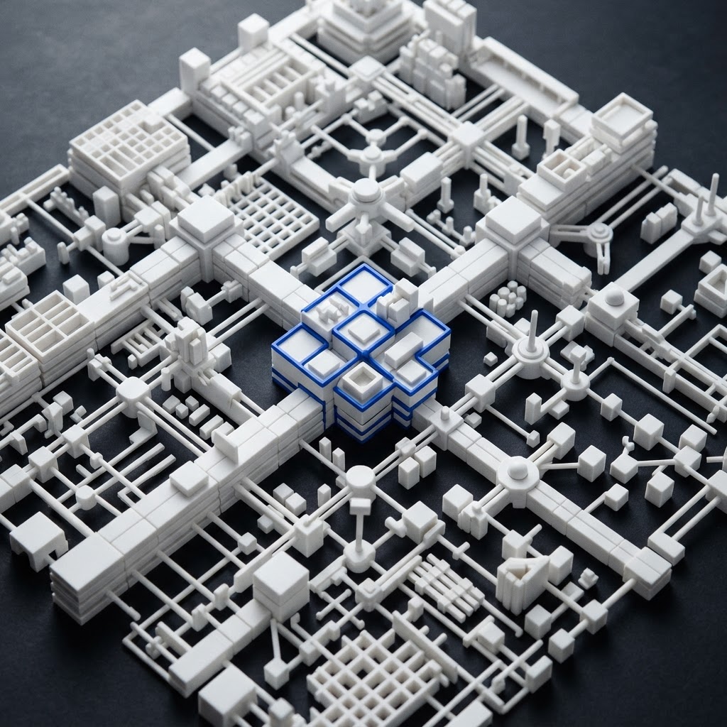 A precise white modular architectural model with a single electric blue accent on a dark background