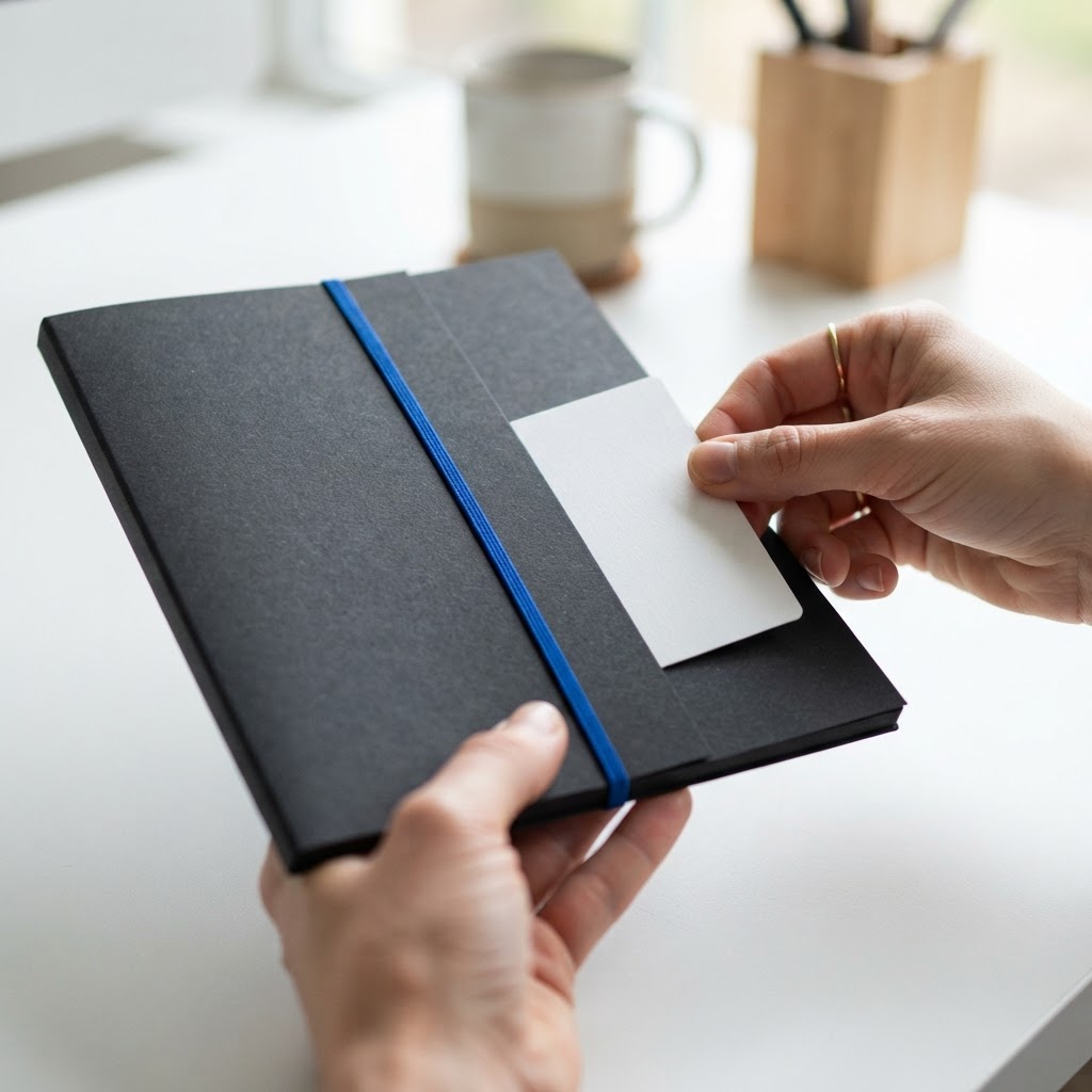 Hands placing a white card into a black folder with an electric blue elastic band
