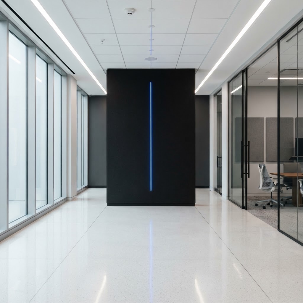 Modern office interior with a near-black wall and a vertical electric blue accent line