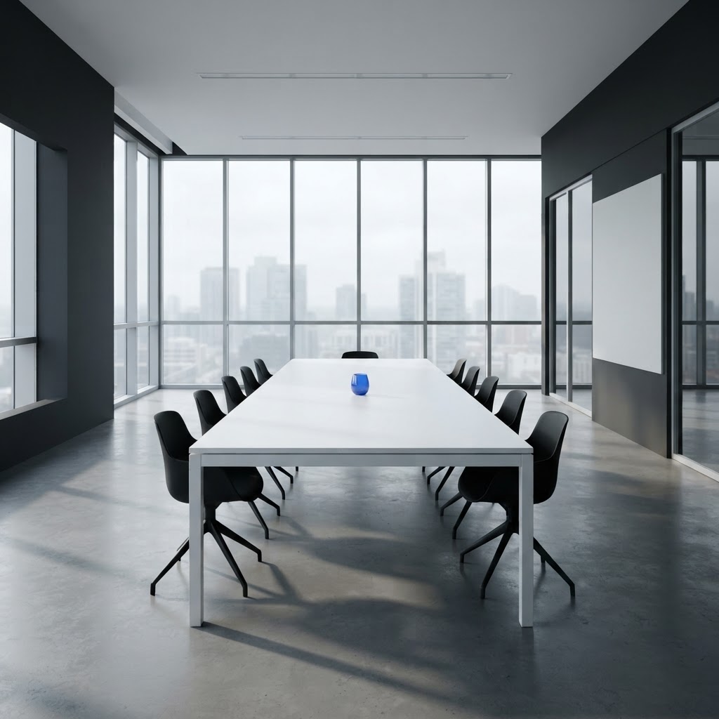Minimalist strategy room with a single blue glass on a white table