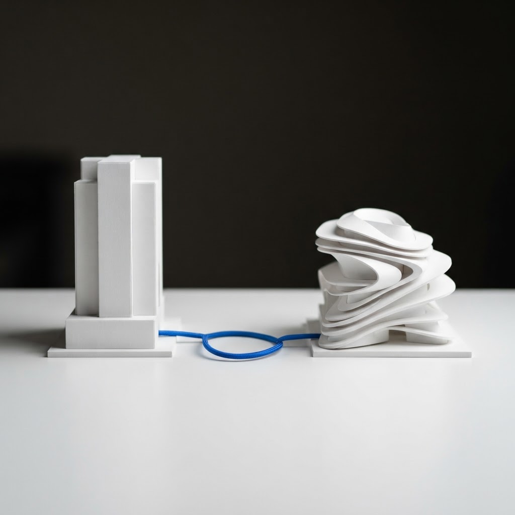 Two architectural models representing traditional search and AI answer engines connected by a blue cable