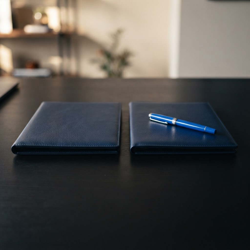 Two leather folders on a dark desk with a blue fountain pen