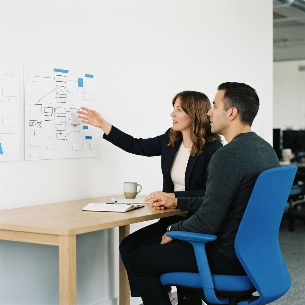 Two professionals collaborating on a strategic site redesign