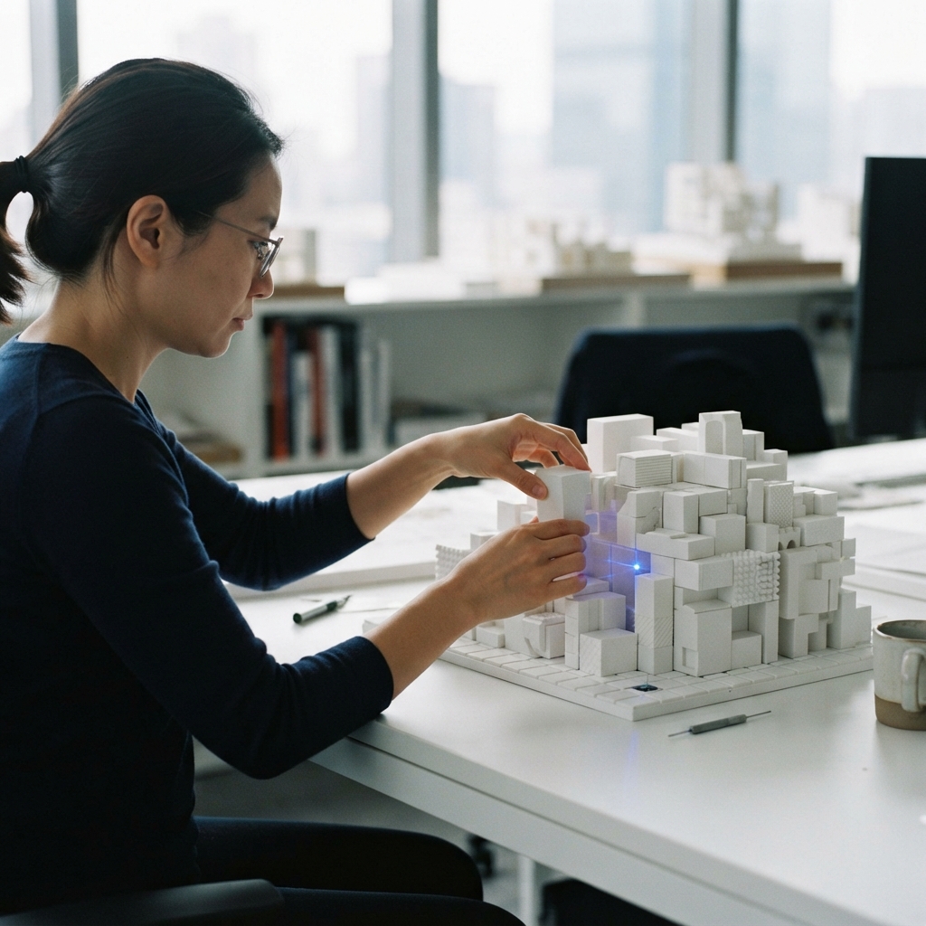 Hands arranging white structural blocks on a desk