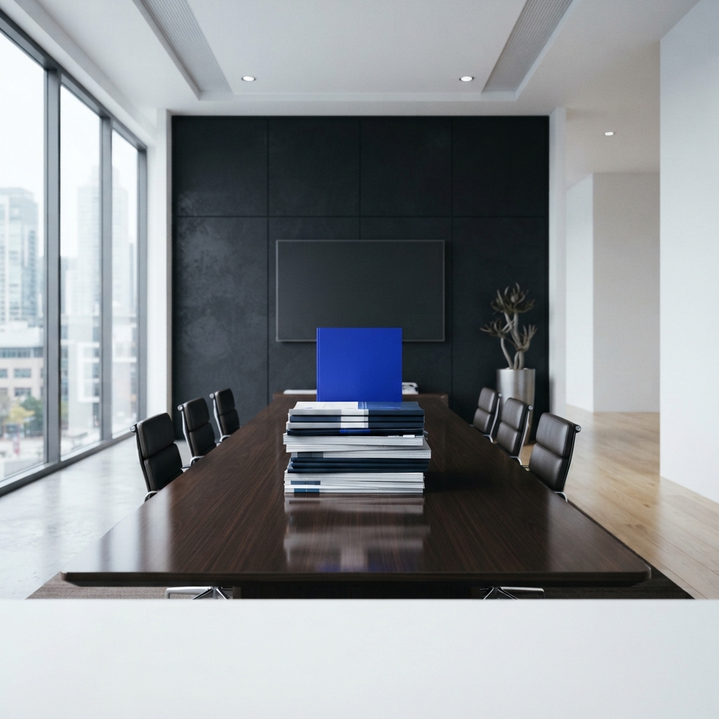 Minimalist boardroom with a blue folder on a document stack