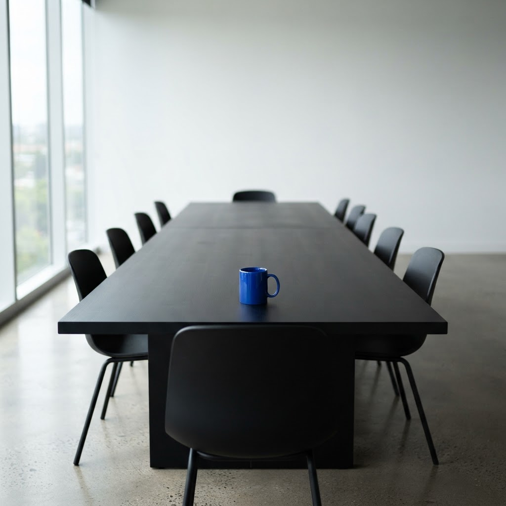 A single blue mug on a dark conference table