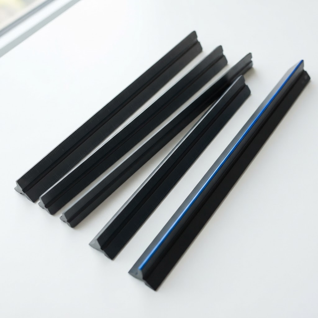 Architectural tools on a white desk with blue detail