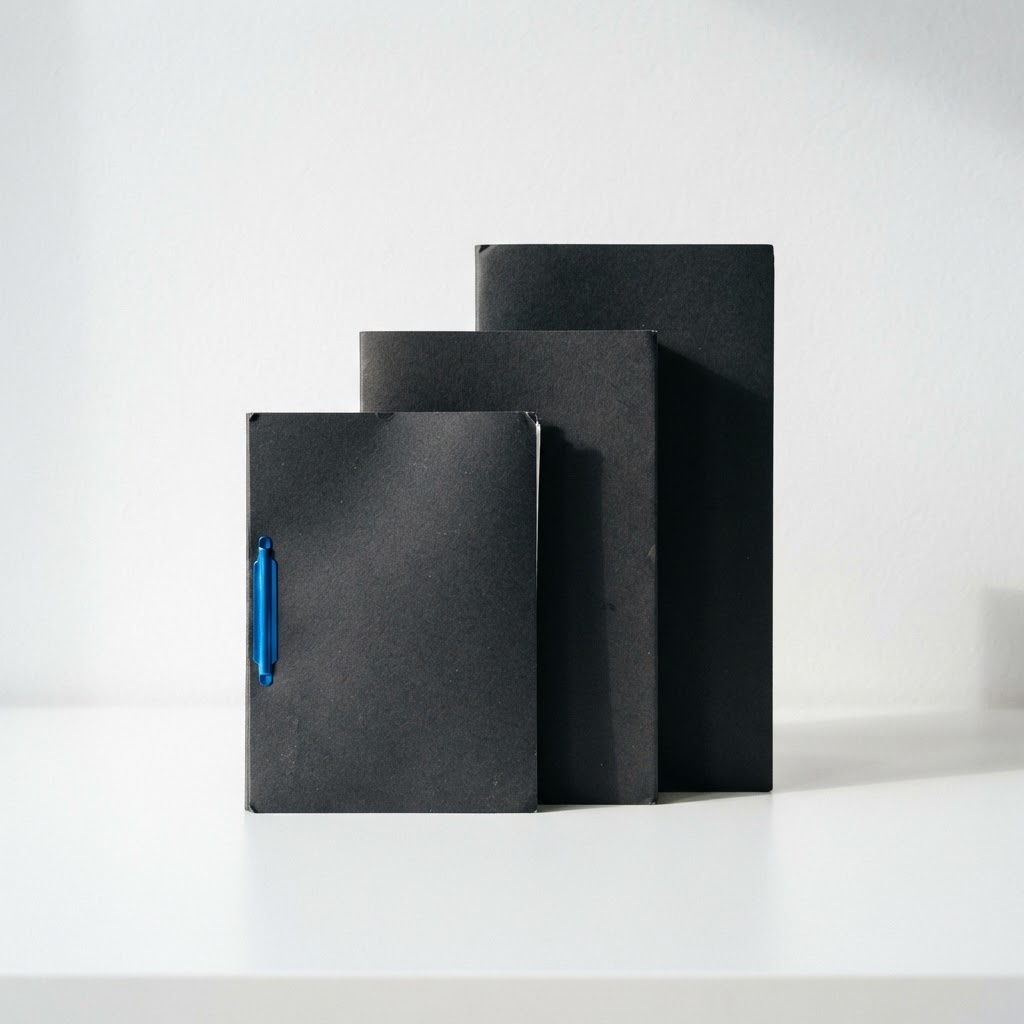 Three stacked black document folders on a white surface