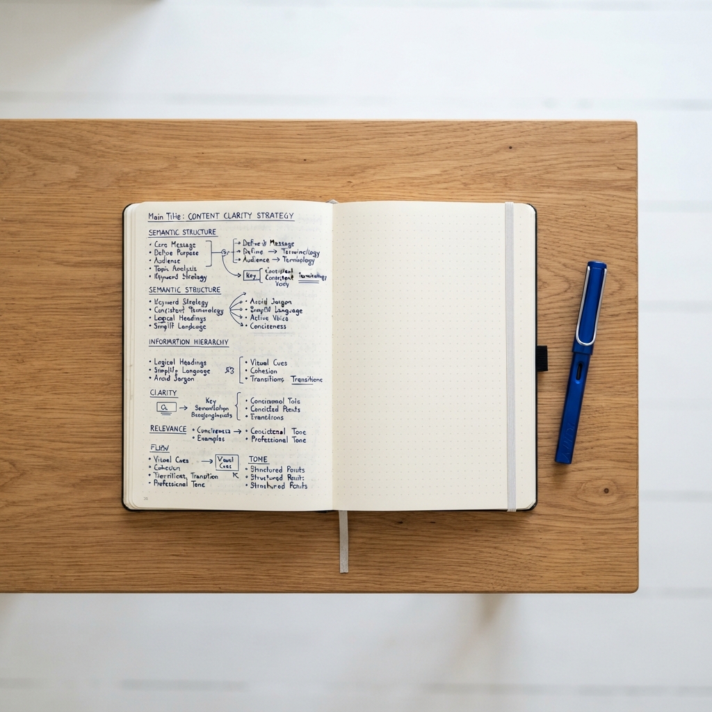 Notebook with structured notes on a clean desk
