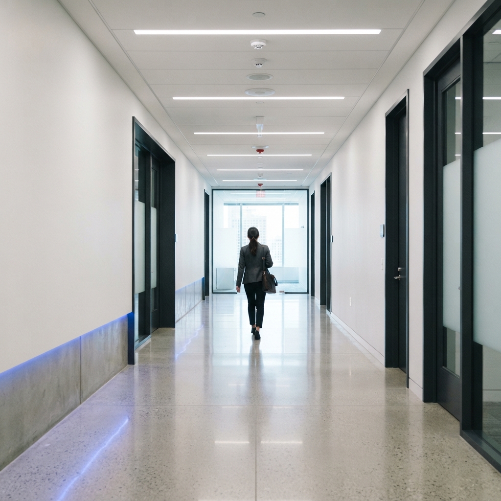 Professional walking through a modern minimalist office corridor