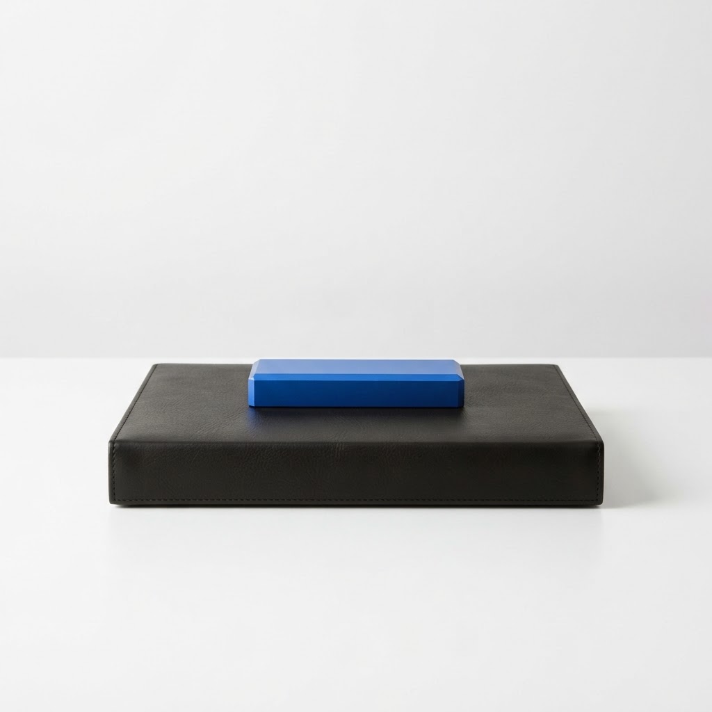 A matte black binder on a white desk with a cobalt blue paperweight.