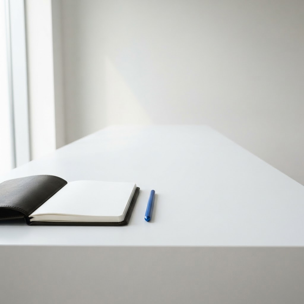 An open notebook and a blue stylus on a clean white table.