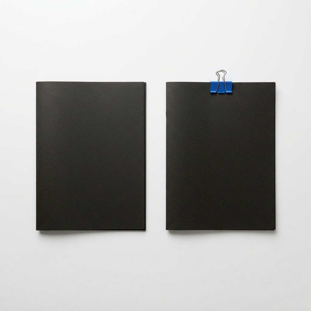Two black folders on a white desk with a single blue clip.