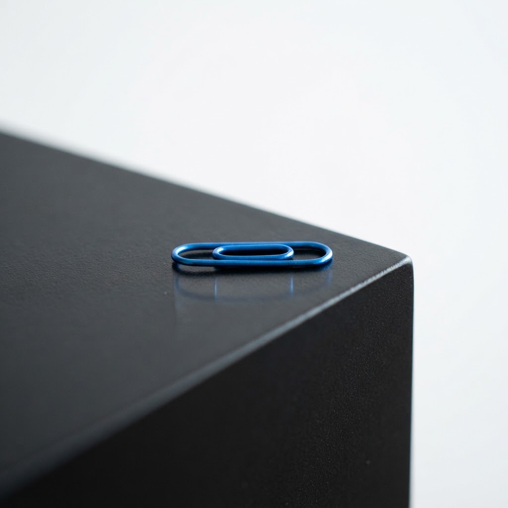 A single blue paperclip resting on a near black matte surface