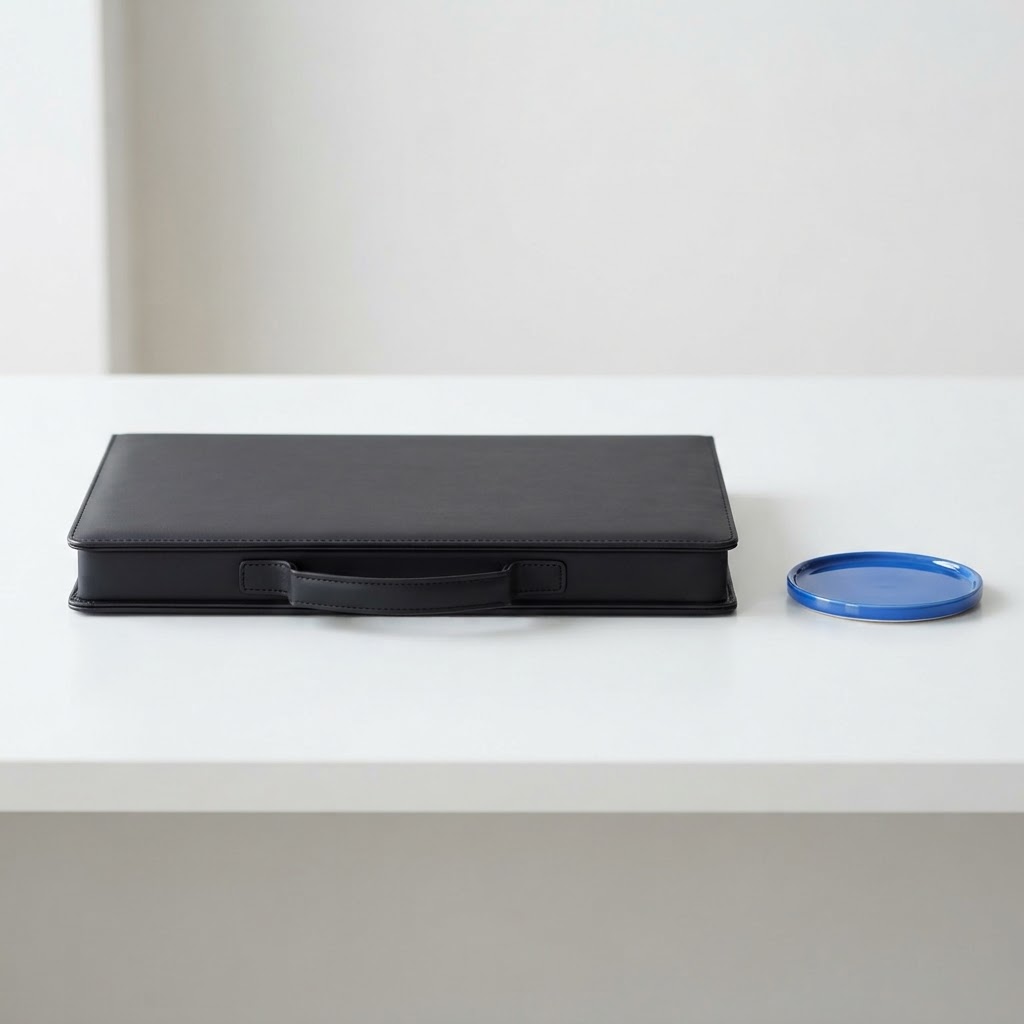 Near black portfolio case and a blue ceramic coaster on a clean desk