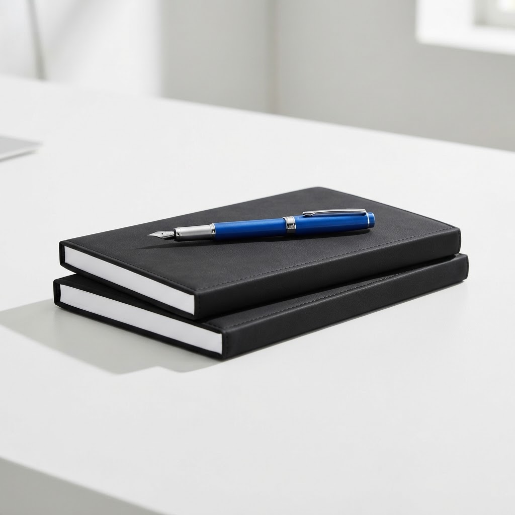 Two near black journals stacked with a single electric blue pen on a white desk