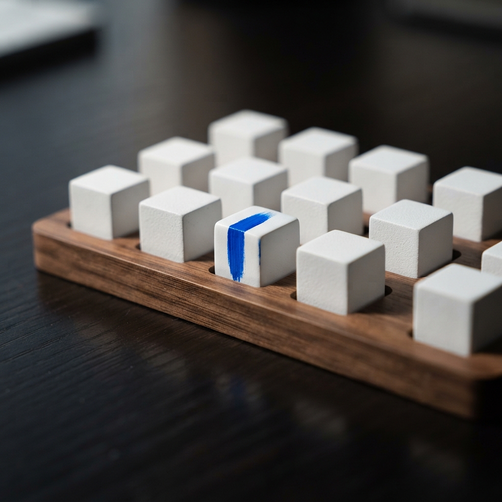 Minimalist physical blocks organized on a dark desk