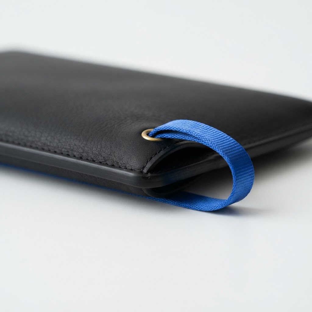 Matte black leather sleeve with an electric blue lanyard