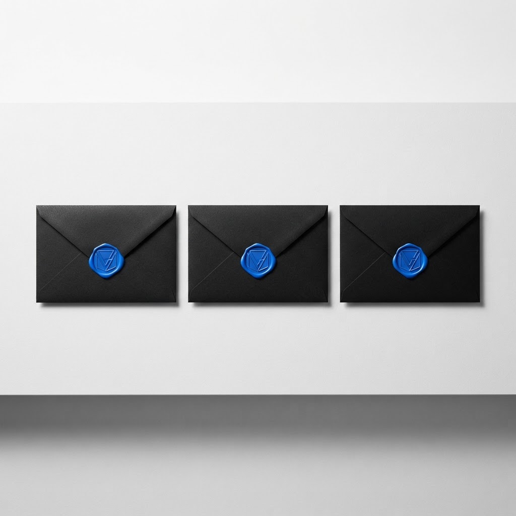 Three matte black envelopes with electric blue seals on white