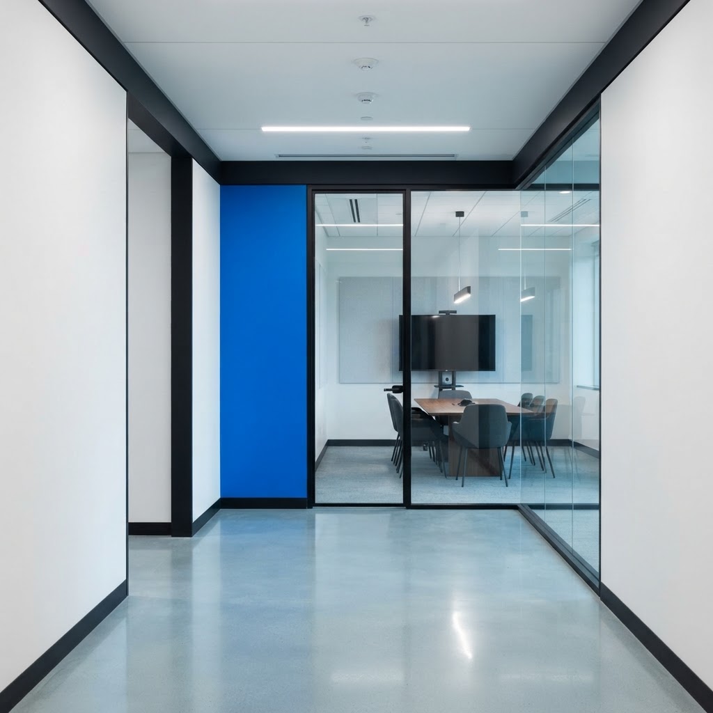 Modern minimalist office hallway with a blue accent wall