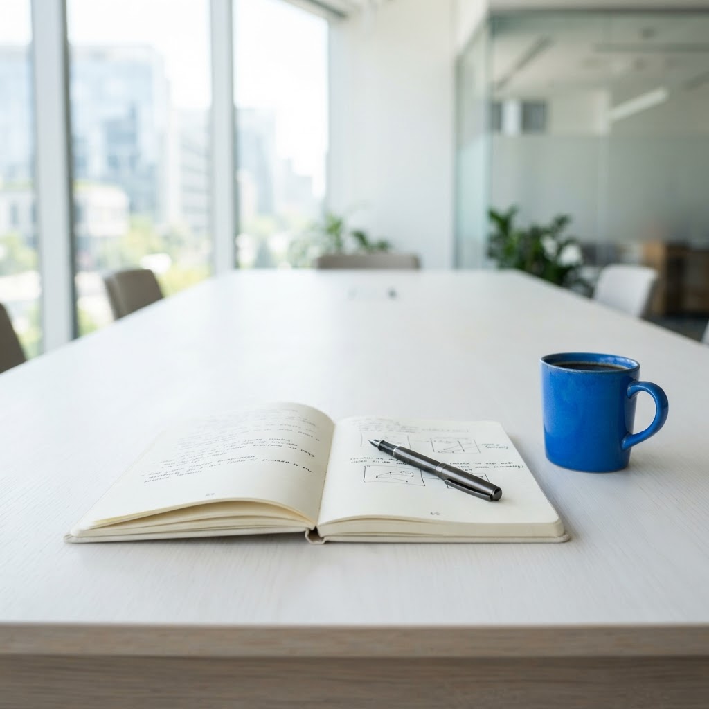 Open notebook on a modern white office table with a blue mug