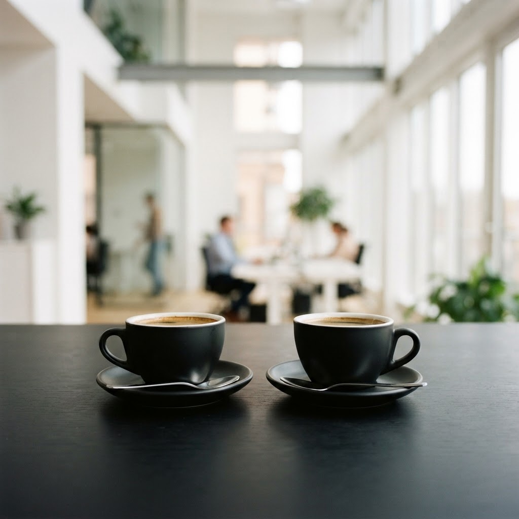 Two coffee cups on a table representing a meeting