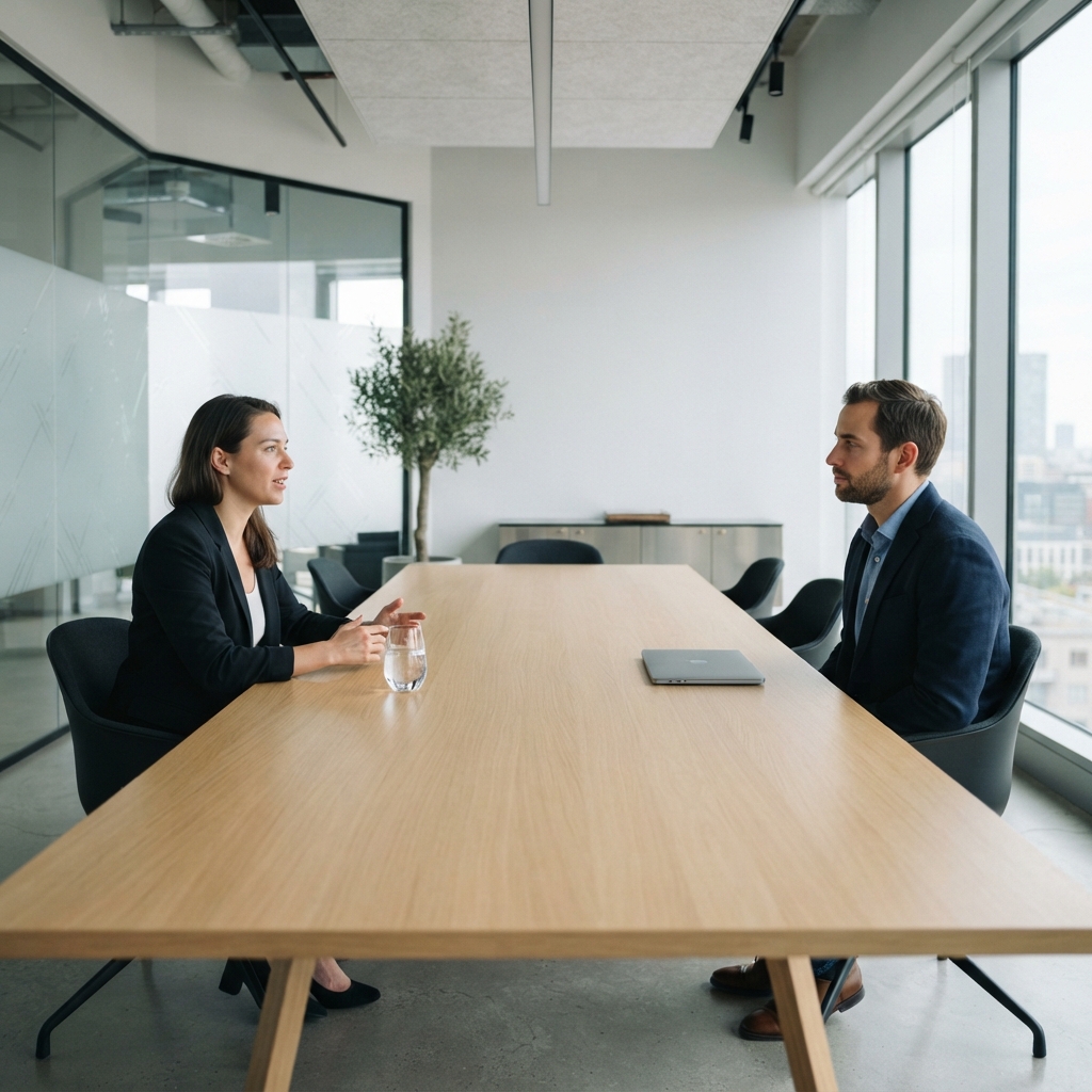 Two professionals in a calm strategy meeting
