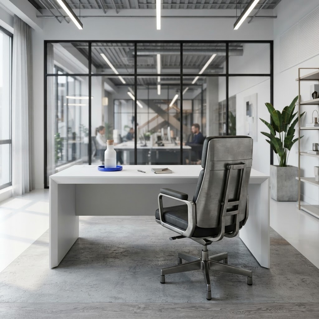 Minimalist office desk with a carafe on a blue coaster