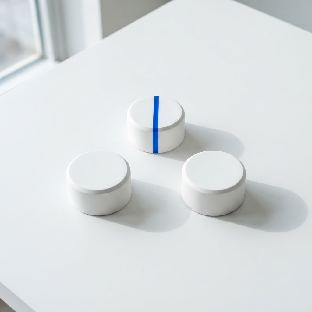 Three white paperweights on a desk with one blue accent