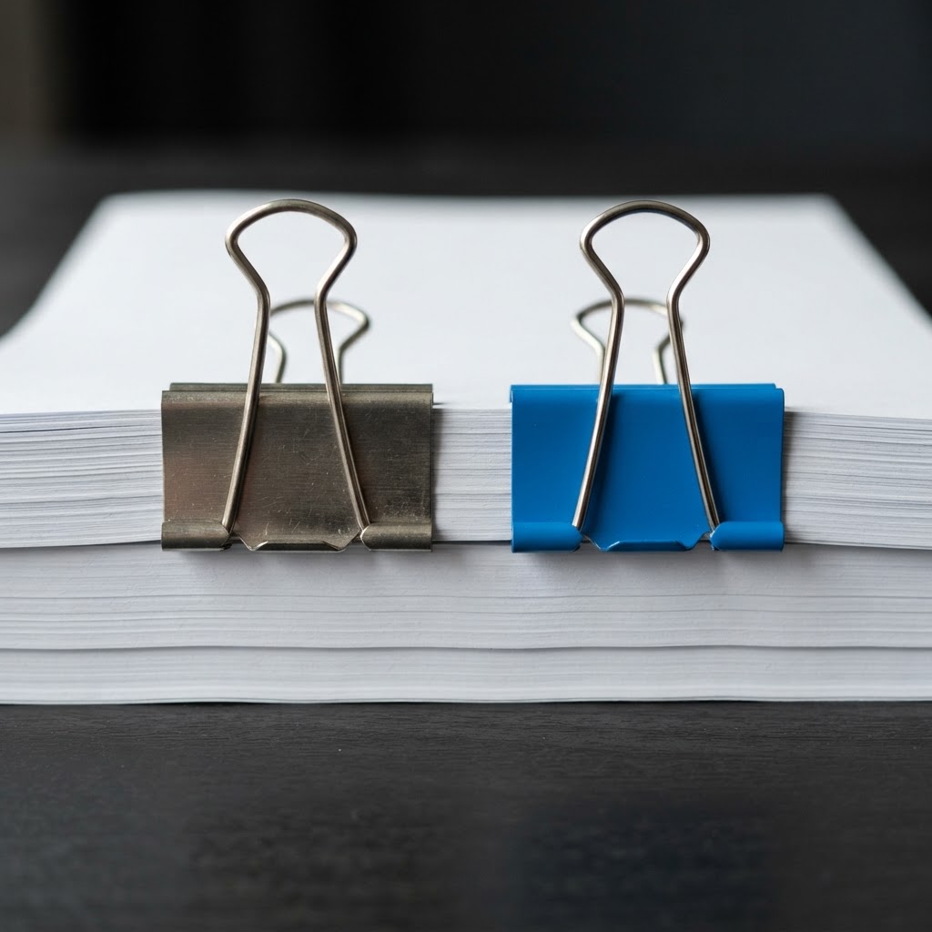 Two metal binding clips on a stack of paper