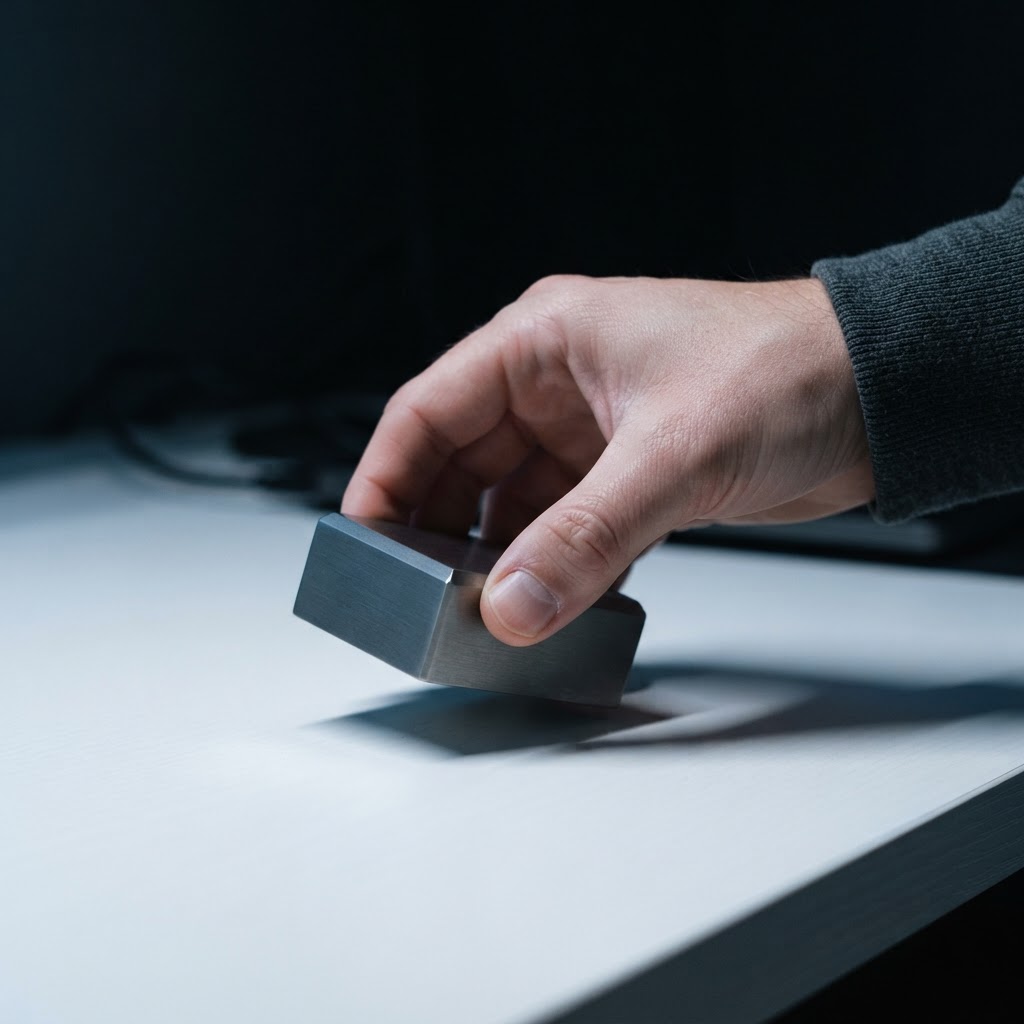 Close up hand placing a solid geometric object on a desk