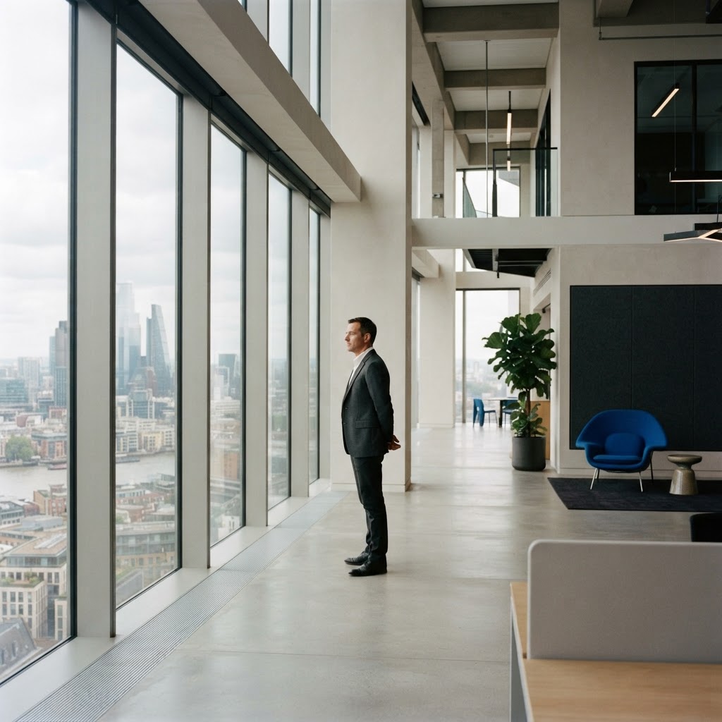 Minimalist office interior with person looking out window