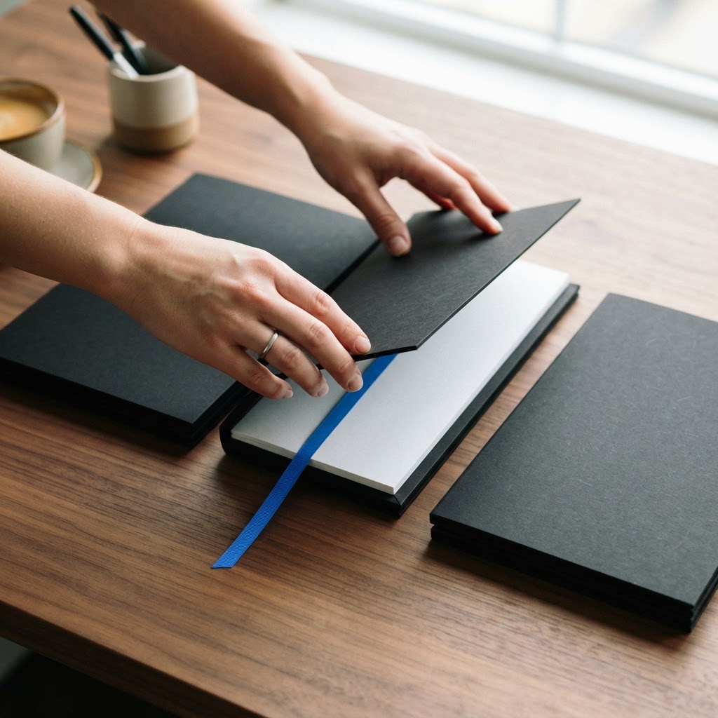 Hands organizing professional folders on a clean desk
