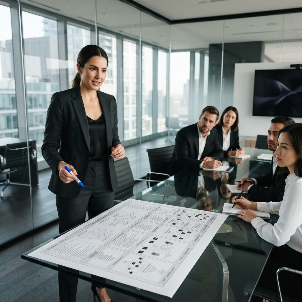B2B strategist reviewing buyer intent research questions in a modern office