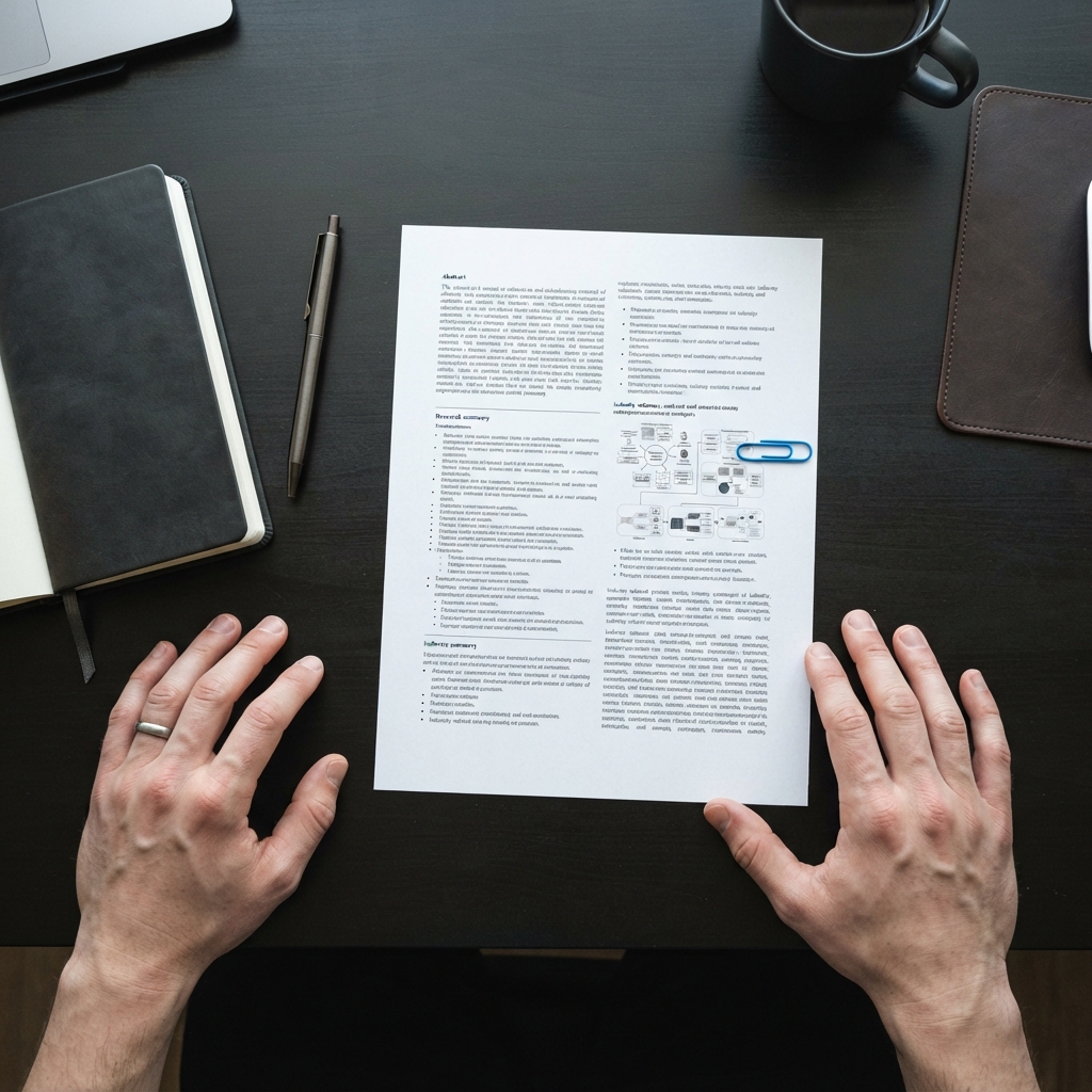 Close up of an AI answer engine research summary on a professional desk