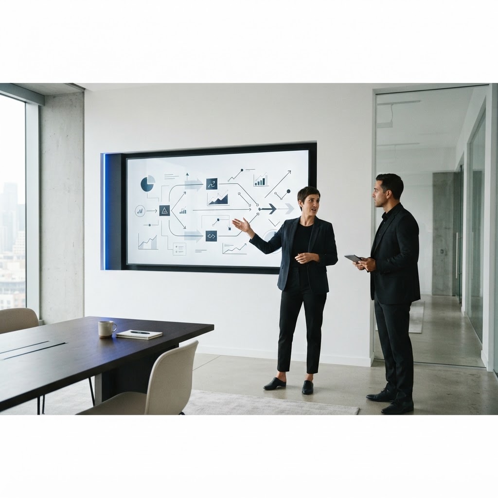 Marketing leaders discussing a dual channel growth strategy in a minimalist office