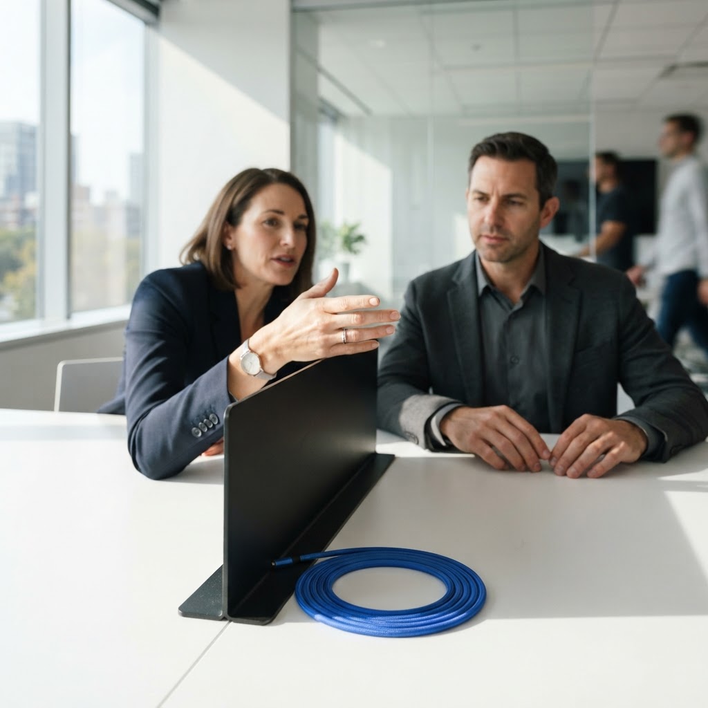 Marketing executives discussing strategy in a minimalist office