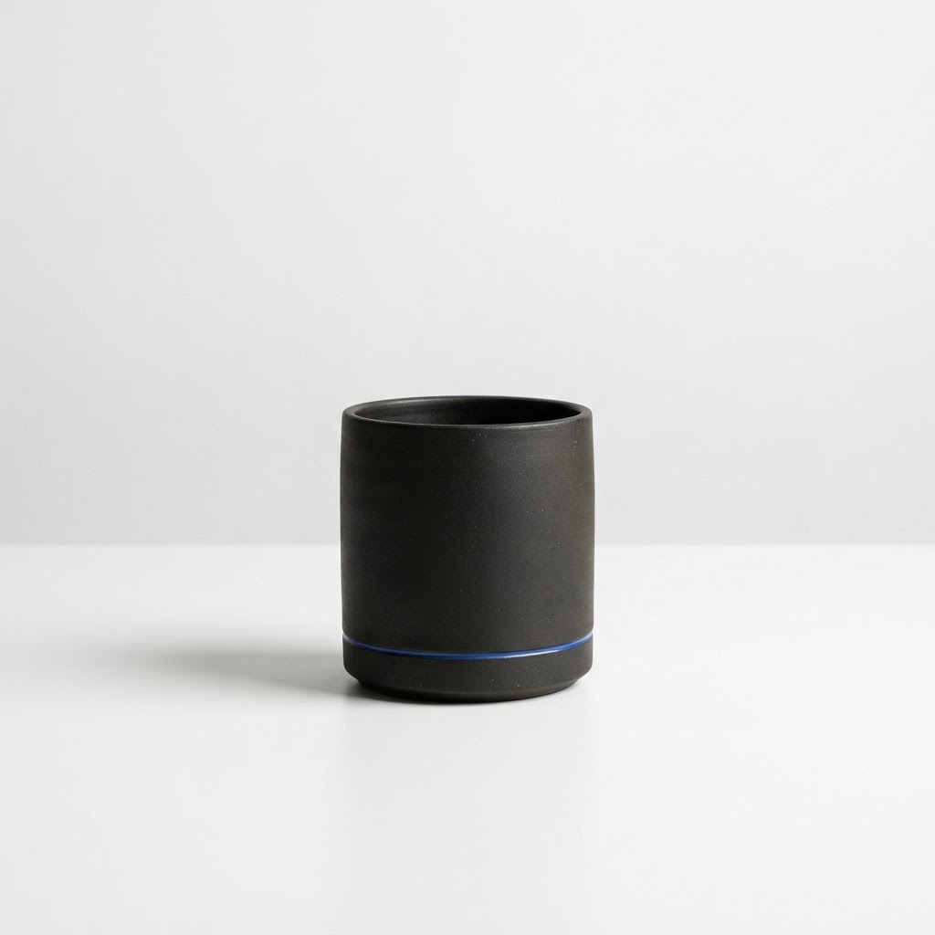 A minimalist black ceramic vessel on a white desk with a blue accent line