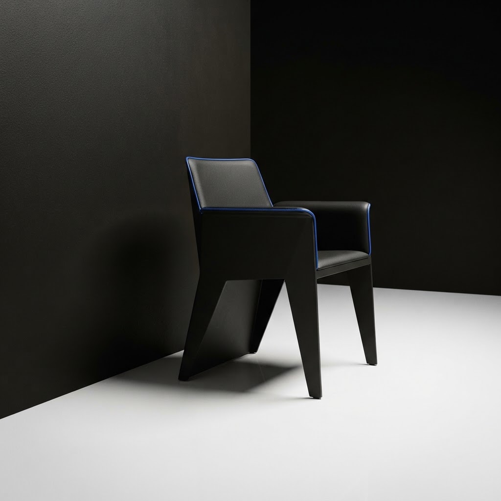 A modern minimalist chair against a black and white wall with a blue detail