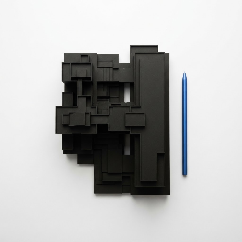An architectural model with a blue stylus on a white background