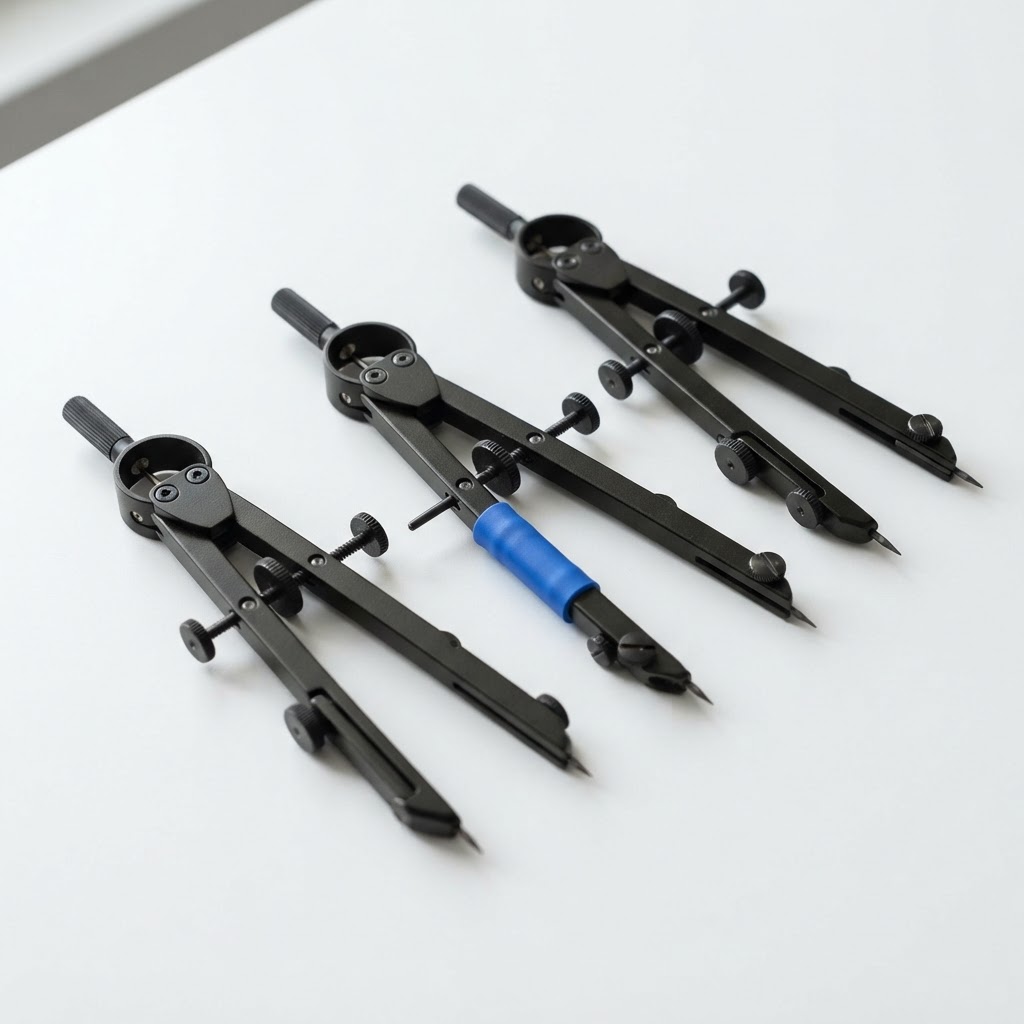 Three black drafting instruments with a blue accent on a white table