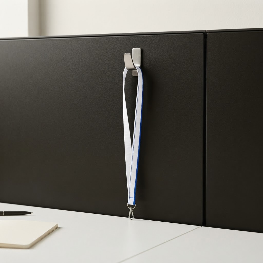 A professional lanyard with blue detail hanging on a wall