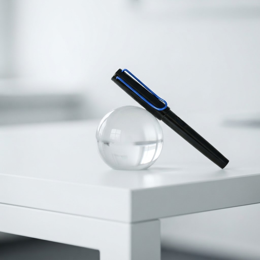 A single premium pen with a blue clip on a minimalist desk