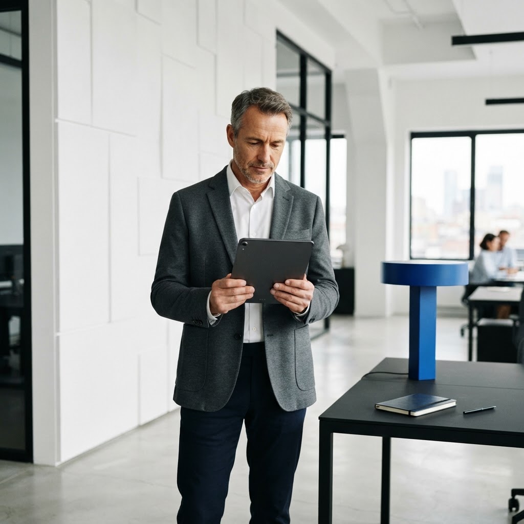 Professional executive contemplating strategic decisions in a modern office