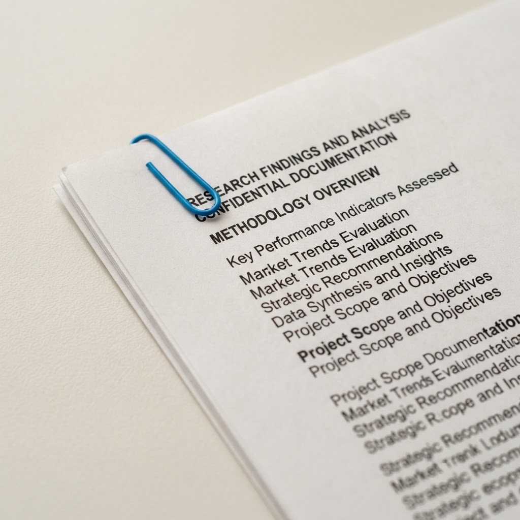 Close up of a printed business document with a blue paperclip