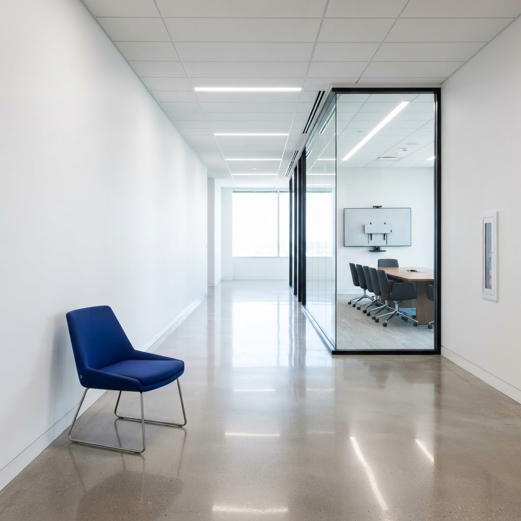 Modern office hallway with a minimalist blue chair