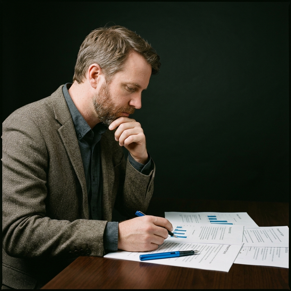 Focused professional reviewing ranking strategy notes
