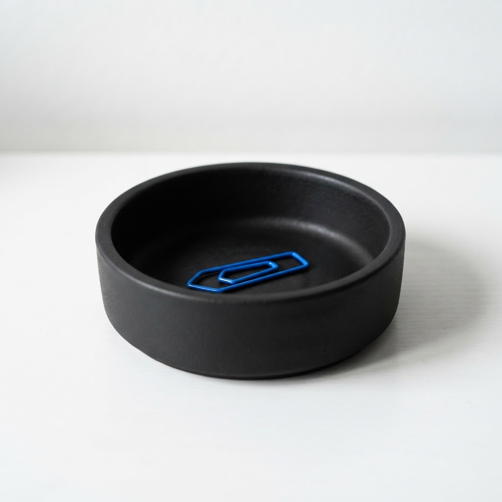 A matte black ceramic bowl with a single blue paper clip on a white table