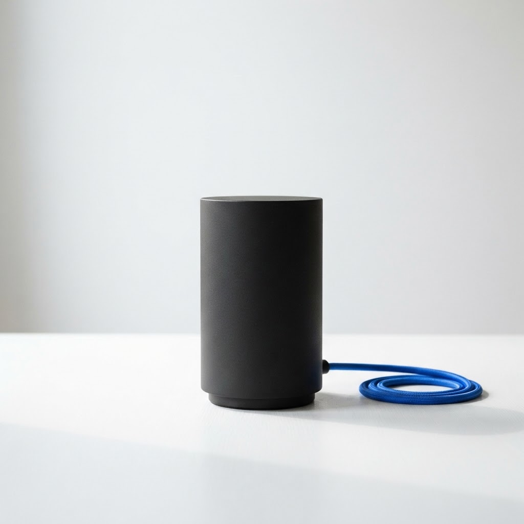 A minimalist lamp with an electric blue cord on a white desk